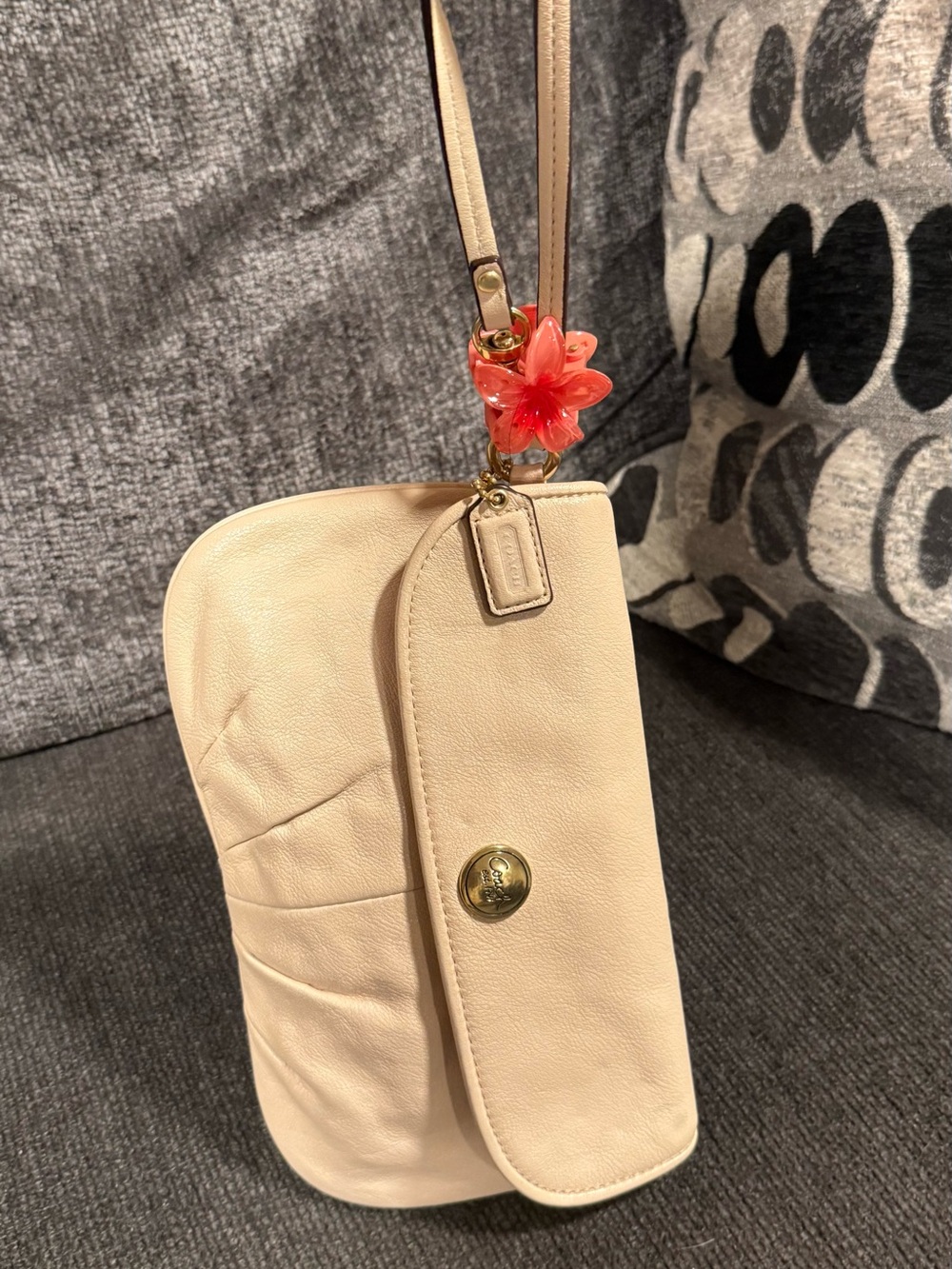 Coach Beige Pebble Leather Shoulder Bag with Coral Flower Charm
